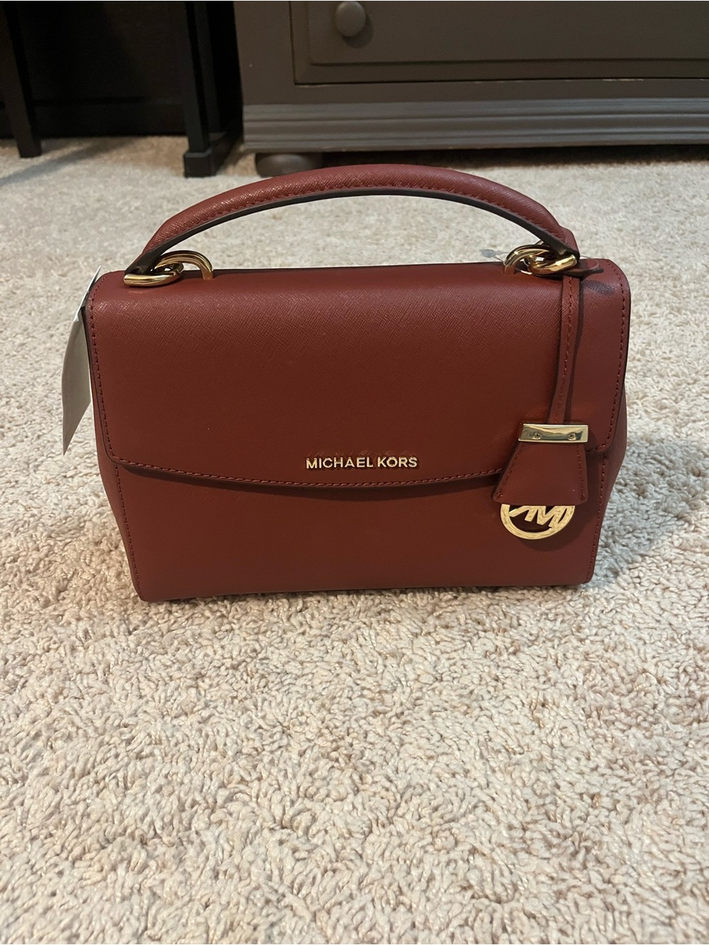 Michael Kors Brick Red Saffiano Top-Handle Satchel with Gold Accents